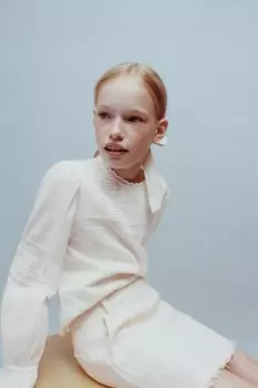 Рубашка из кружева и вышитки ZARA, белый