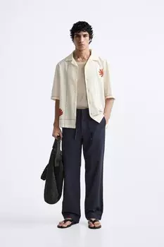 Рубашка из льна и хлопка с вышивкой ZARA, цвет brick