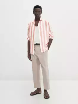 Рубашка из льна облегающего кроя в широкую полоску melange Massimo Dutti