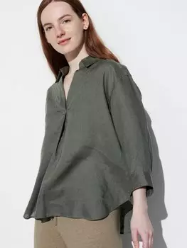 Рубашка из льна премиум-класса с воротником-стойкой, рукав 3/4 Uniqlo, цвет 57 зеленый