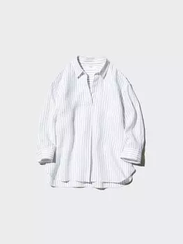 Рубашка из льна премиум-класса с воротником-стойкой, рукав 3/4 Uniqlo, цвет 01 белый