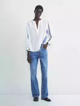 Рубашка из льна с вышивкой Massimo Dutti, белый