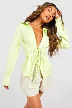 Рубашка из льна с завязкой на поясии Boohoo, лемон