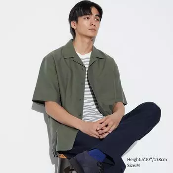 Рубашка из льняной смеси хлопка с открытым воротником и короткими рукавами UNIQLO, оливково-зеленый