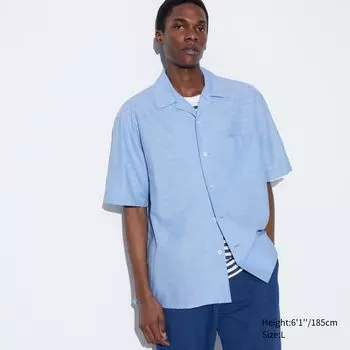 Рубашка из льняной смеси хлопка с открытым воротником и короткими рукавами UNIQLO, синий