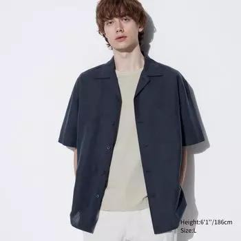 Рубашка из льняной смеси хлопка с открытым воротником и короткими рукавами UNIQLO, темно-синий