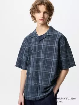 Рубашка из льняной смеси короткий рукав, клетка Uniqlo, цвет 68 синий