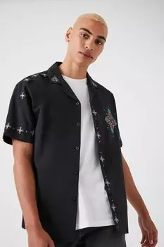 Рубашка из льняной смеси с короткими рукавами и вышивкой Forever 21, черный