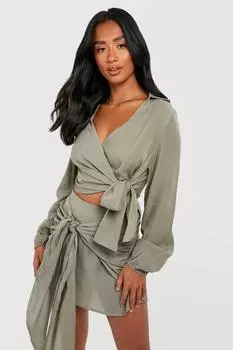 Рубашка из маленькой текстурной матери с узлом передней части Boohoo, оливковый