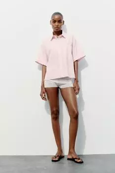 Рубашка из поплин с карманом ZARA, светло-розовый