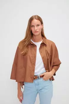 Рубашка из поплина асимметричного кроя с короткими рукавами и прямыми карманами MUN MUN, браун-тан
