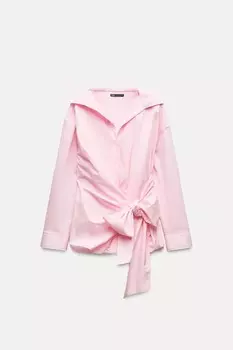 Рубашка из поплина оверсайз с бантом ZARA, розовый
