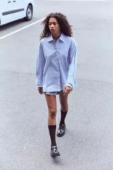 Рубашка из поплина оверсайз с двойными манжетами ZARA, синий/белый