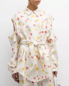 Рубашка из поплина с длинными рукавами и поясом, с принтом бабочки Ridge Hellessy, цвет Ecru/Print
