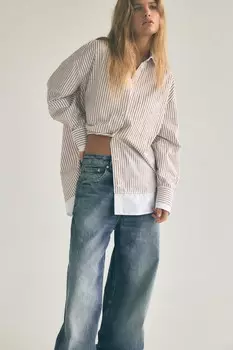 Рубашка из поплина с двойными манжетами ZARA, коричневый/белый