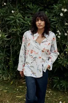 Рубашка из поплина с птичьим полосатым принтом ZARA, синий/белый