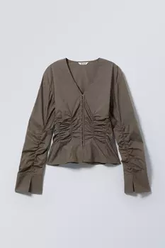 Рубашка из поплина с рюшами и v образным вырезом Weekday, коричневый