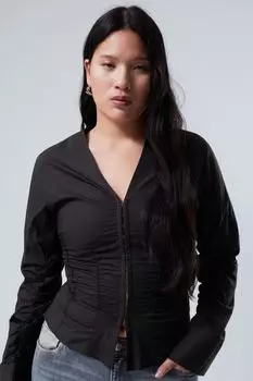 Рубашка из поплина с v-образным вырезом и сборками Weekday, черный