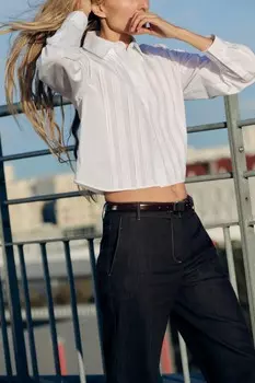 Рубашка из поплина с защипками ZARA, белый