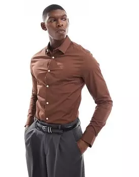 Рубашка из поплина скинни с квадратным воротником коричневого цвета ASOS DESIGN