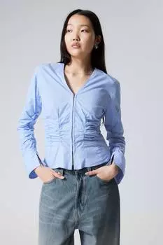 Рубашка из поплина со сборками и V-образным вырезом Weekday, голубой