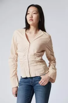 Рубашка из поплина со сборками и V-образным вырезом Weekday, бежевый