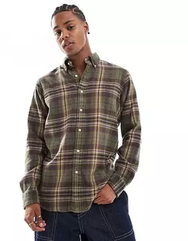 Рубашка из сатиновой фланели Polo Ralph Lauren в оливково-коричневую клетку и логотип бренда