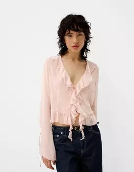 Рубашка из шифона с длинными рукавами и оборками Bershka, розовый