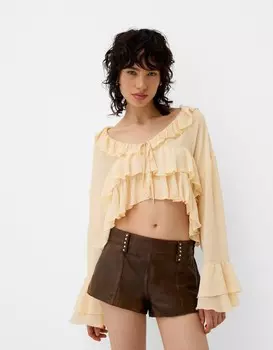 Рубашка из шифона с оборками и завязкой спереди Bershka, розовый