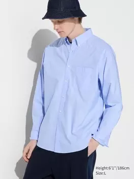 Рубашка из широкого сукна воротник на пуговицах Uniqlo, синий