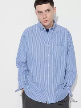 Рубашка из широкого сукна воротник на пуговицах, в полоску Uniqlo, синий