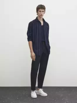 Рубашка из смешанного хлопка и льна обычного кроя в полоску Massimo Dutti, синий