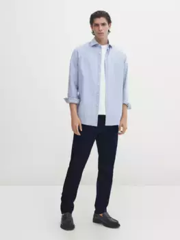 Рубашка из смешанного хлопка и льна обычного кроя в полоску Massimo Dutti, синий