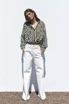 Рубашка из смешанной льна в полоску ZARA, черно-белый