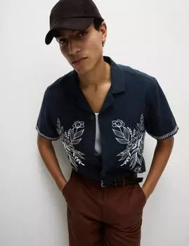 Рубашка из смеси хлопка и льна с вышивкой Marks & Spencer, темно-синий