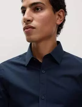 Рубашка из смеси хлопка и смесового хлопка Slim Fit Easy Iron Marks & Spencer, темно-синий