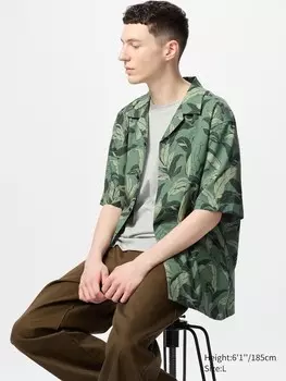 Рубашка из смеси модала и хлопка с принтом и коротким рукавом Uniqlo, цвет 56 зеленый