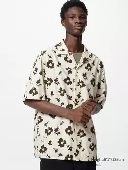 Рубашка из смеси модала и хлопка с принтом и коротким рукавом Uniqlo, цвет 30 бежевый