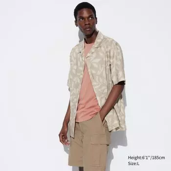 Рубашка из смесового хлопка с принтом открытого воротника UNIQLO, бежевый