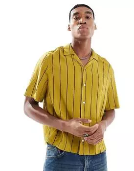 Рубашка из смесового льна с короткими рукавами ASOS DESIGN в зеленую полоску свободного кроя свободного кроя