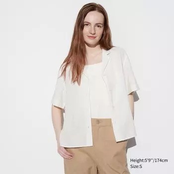 Рубашка из смесового льна с открытым воротником и короткими рукавами UNIQLO, белый