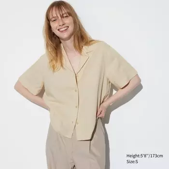 Рубашка из смесового льна с открытым воротником и короткими рукавами UNIQLO, бежевый