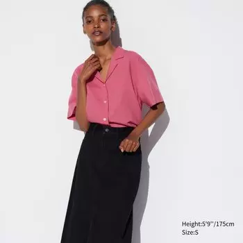 Рубашка из смесового льна с открытым воротником и короткими рукавами UNIQLO, розовый