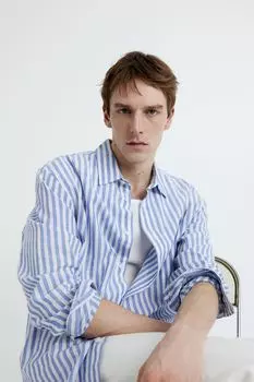 Рубашка из смесового льна, свободного кроя H&M, синий