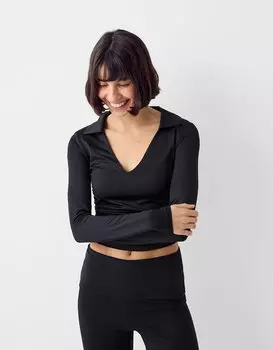 Рубашка из смесового нейлона с длинными рукавами и воротником Bershka, черный