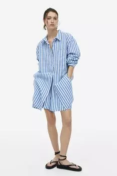 Рубашка из смесовой льняной ткани H&M, синий/полосатый