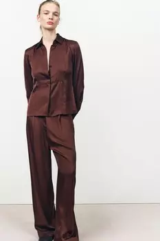 Рубашка из струйного атласа ZARA, коричневый