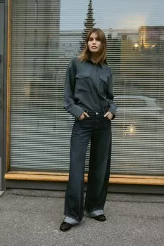 Рубашка из струящейся рубашки oversize ZARA, цвет washed petrol