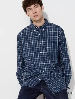 Рубашка из сукна воротник на пуговицах, клетчатая Uniqlo, синий