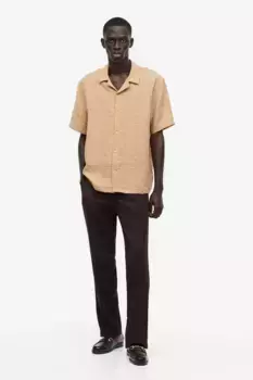 Рубашка из тисненой ткани с широким воротником regular fit H&M, бежевый